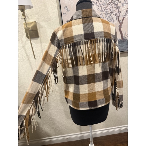 Pendleton Plaid Fringe Western Jacket Brown Ivory Mustard Gray Collared XS - Picture 2 of 7